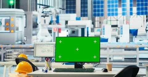 Mockup computer in empty facility used to inspect solar plant machinery 스톡 사진