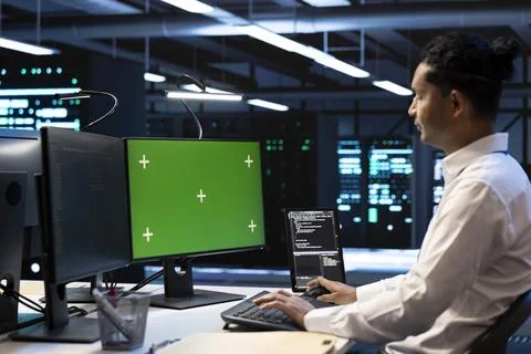 Mockup computer, engineer and coding at data center 写真素材