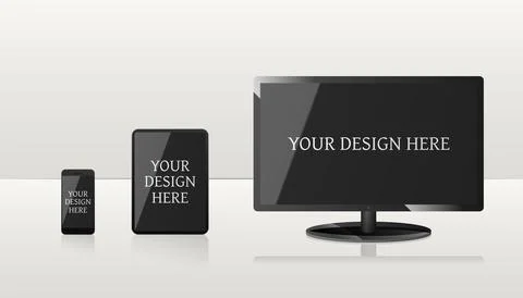 Mockup of computer, laptop, and smartphone with black screens. Stock Illustration