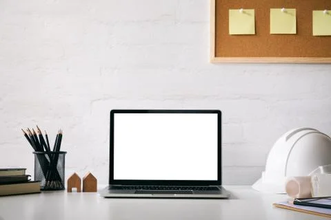 Mockup computer laptop of engineer workspace Stock Photos