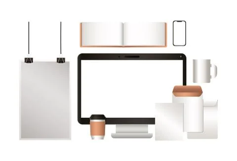 Mockup computer notebook envelopes and coffee mugs vector design イラスト素材