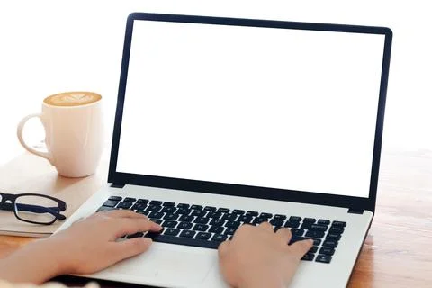 Mockup Copy Space Computer Notebook Laptop Concept , a man's hand using a lap Stock Photos