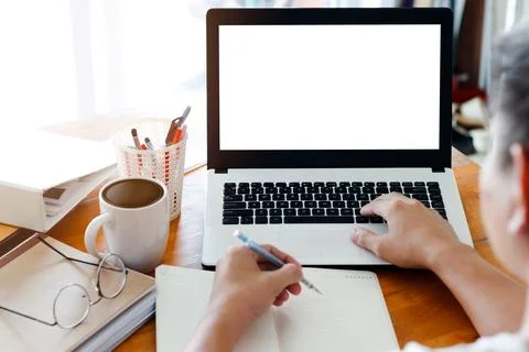 Mockup Copy Space Computer Notebook Laptop Concept , a man's hand using a l.. Stock Photos