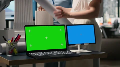 Mockup copy space laptop and tablet in a boardroom office Stock Footage 316793930