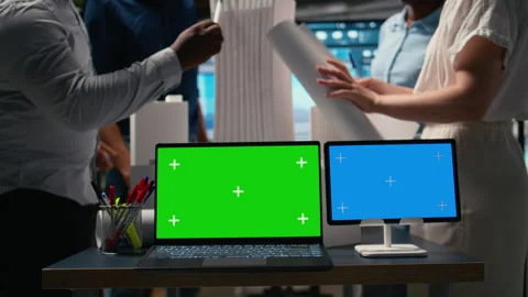 Mockup copy space laptop and tablet in a boardroom office Stock Footage 316794593