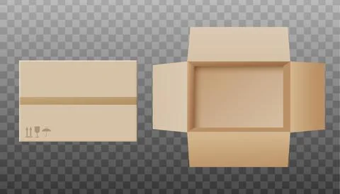 Mockup of delivery and packaging box, realistic vector illustration isolated. Illustrazione stock
