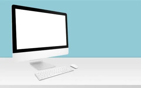 Mockup desktop computer display blank screen on desk in office, workspace wit Stock Photos