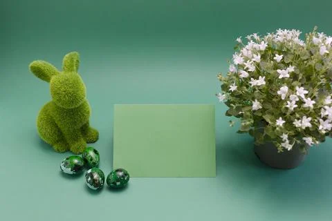 Mockup Easter green bunny, rabbit with blue colored chicken quail eggs, empty Stock Photos