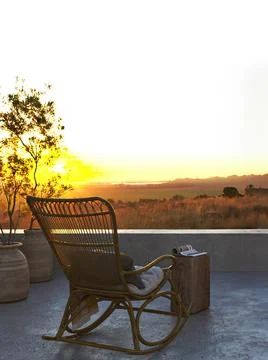 Mockup empty concrete wall on rustic balcony. Farmhouse nature outdoor living Illustrazione stock