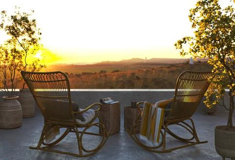 Mockup empty concrete wall on rustic balcony. Farmhouse nature outdoor living Stock Photos