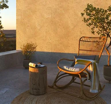 Mockup empty concrete wall on rustic balcony. Farmhouse nature outdoor living Stock Photos