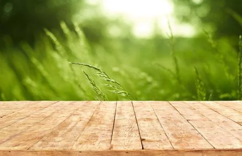 Mockup. Empty wooden deck table with foliage bokeh background. Stock Photos