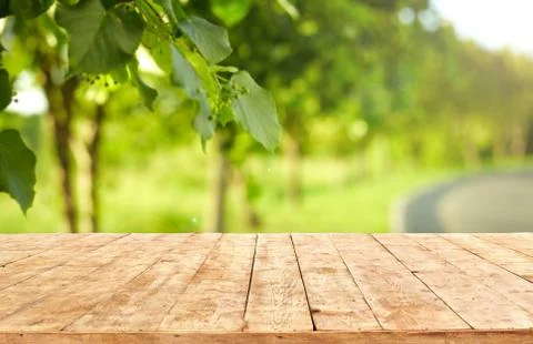 Mockup. Empty wooden deck table with foliage bokeh background. Foto stock