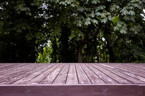 Mockup. Empty wooden deck table with foliage bokeh background. Stock Photos