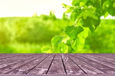 Mockup. Empty wooden deck table with foliage bokeh background. Foto stock