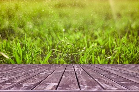 Mockup. Empty wooden deck table with foliage bokeh background. Stock Photos