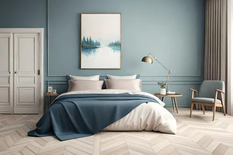 Mockup frame in bedroom interior background, room in light pastel colors, 3d Stock Illustration