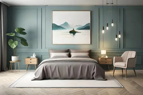 Mockup frame in bedroom interior background, room in light pastel colors, 3d Stock Illustration