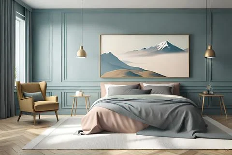 Mockup frame in bedroom interior background, room in light pastel colors, 3d Stock Illustration
