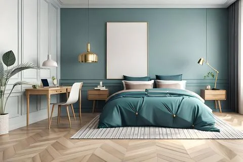 Mockup frame in bedroom interior background, room in light pastel colors, 3d Stock Illustration