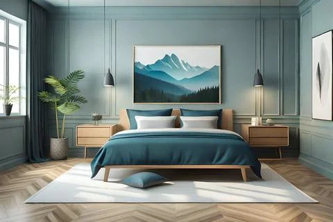 Mockup frame in bedroom interior background, room in light pastel colors, 3d Stock Illustration