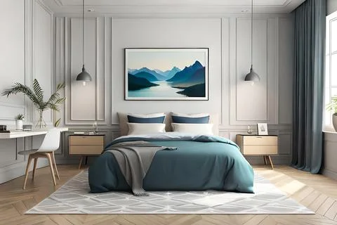 Mockup frame in bedroom interior background, room in light pastel colors, 3d Stock Illustration