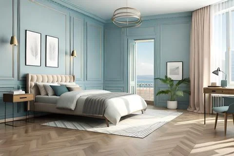 Mockup frame in bedroom interior background, room in light pastel colors, 3d Stock Illustration