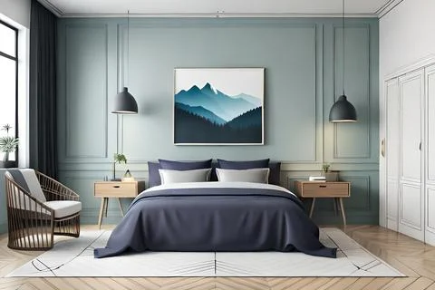 Mockup frame in bedroom interior background, room in light pastel colors, 3d Stock Illustration
