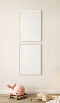 Mockup frame in light beige children room with natural wooden floor. Farmhouse Illustrazione stock