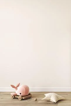 Mockup frame in light beige children room with natural wooden floor. Farmhouse Stock Illustration