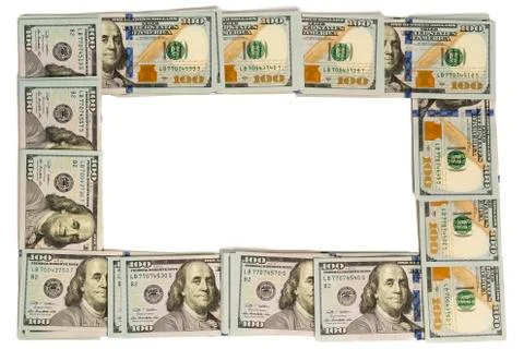 Mockup frame made of hundred-dollar banknotes isolated on white with copy space Stock Photos