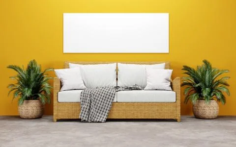 Mockup frame on yellow background, 3D rendering. Illustrazione stock
