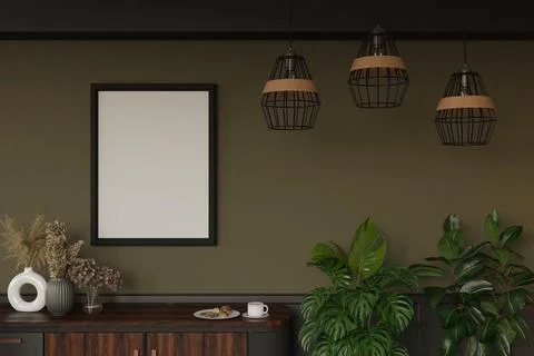 Mockup of a framed print on a dark olive wall, with decorative lighting and.. Stock Illustration