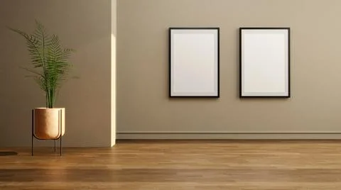Mockup frames on cream light wall 3D Render イラスト素材