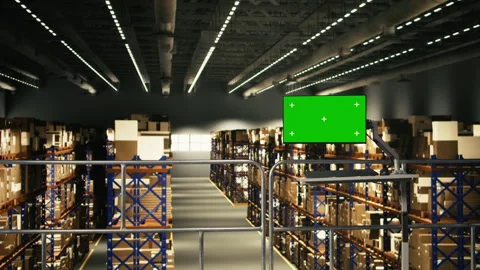 Mockup green screen display in empty warehouse storage facility Stock Footage 330378610