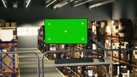 Mockup green screen display in empty warehouse storage facility Stock Footage 330441721