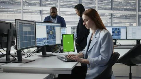 Mockup green screen tablet use by female technician examining microchip circuits 写真素材