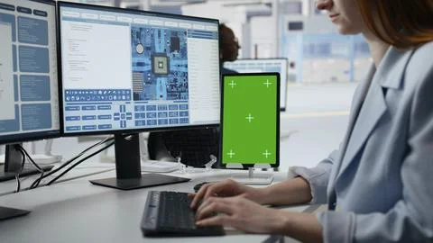 Mockup green screen tablet use by female technician examining microchip circuits 写真素材