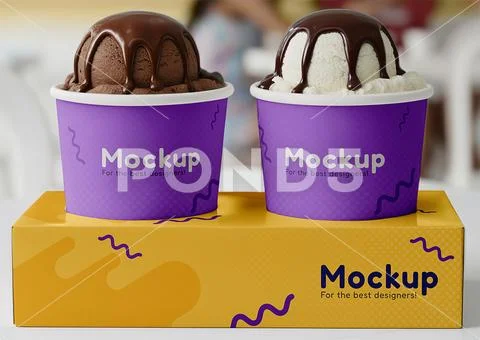 Mockup of ice cream box and tub on a table in an ice cream shop with people PSD Template