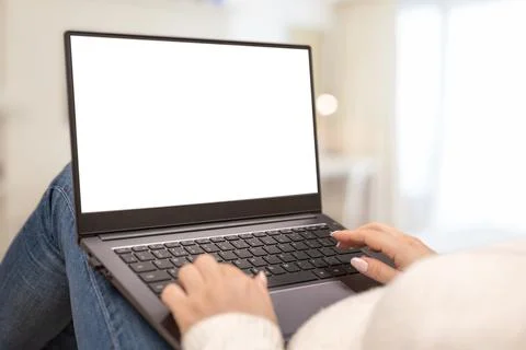 Mockup image blank screen computer laptop with blank white background for adv Stock Photos