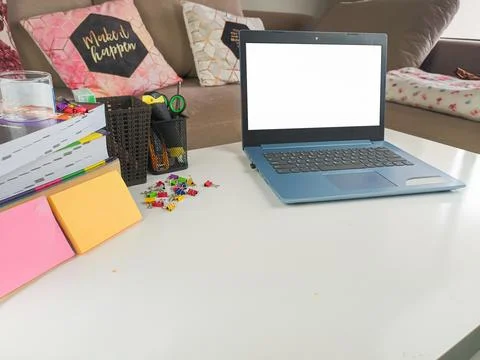 Mockup image, laptop computer with blank screen in modern home room Stock Photos