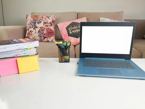 Mockup image, laptop computer with blank screen in modern home room Stock Photos