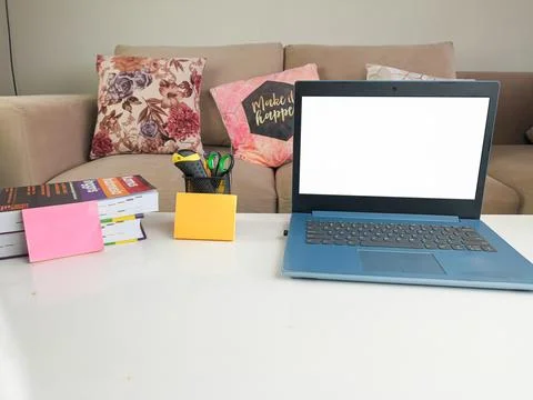 Mockup image, laptop computer with blank screen in modern home room Stock Photos
