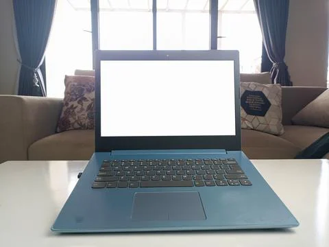 Mockup image, white blank screen laptop computer on the front display Stock Photos