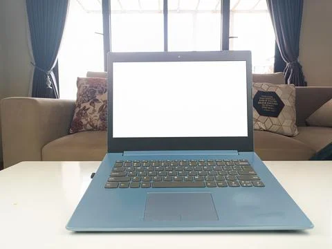 Mockup image, white blank screen laptop computer on the front display Stock Photos