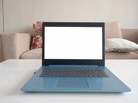 Mockup image, white blank screen laptop computer on the front display Stock Photos