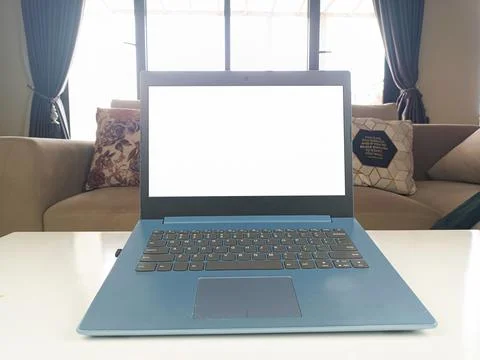 Mockup image, white blank screen laptop computer on the front display Stock Photos