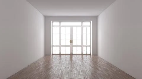 Mockup Interior of the White Room with Large Window and Door with Bronze Handles Stock Illustration