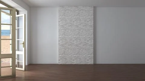 Mockup Interior with White Wall. Empty Hotel Room with Open Doors Stock Illustration