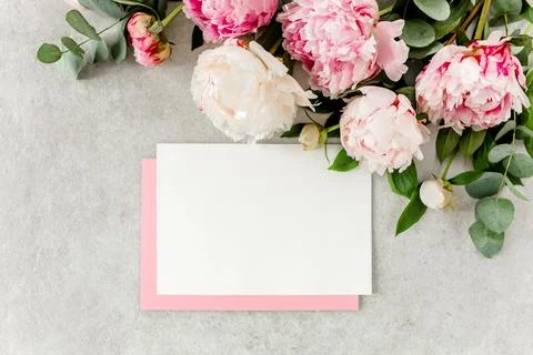 Mockup invitation, blank paper greeting card, pink envelope and peonies on gray Stock Photos